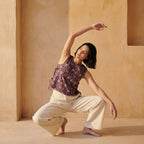 Red-Blue Floral Block Print Cotton Sleeveless Side-Tie Top