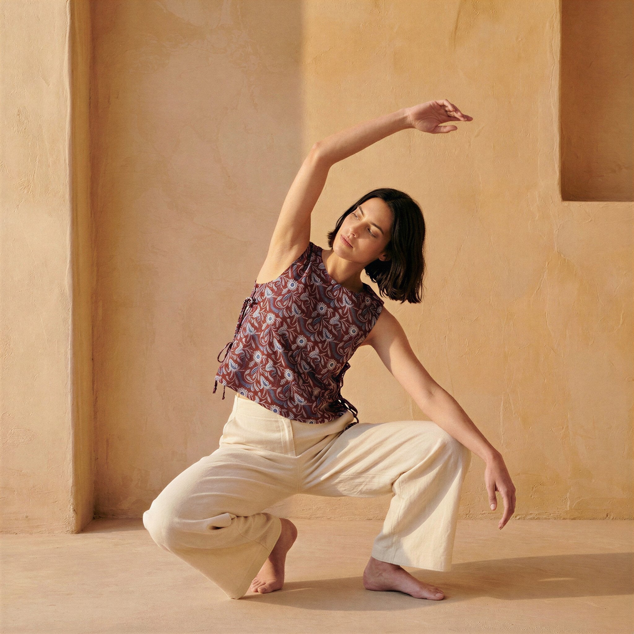 Red-Blue Floral Block Print Cotton Sleeveless Side-Tie Top