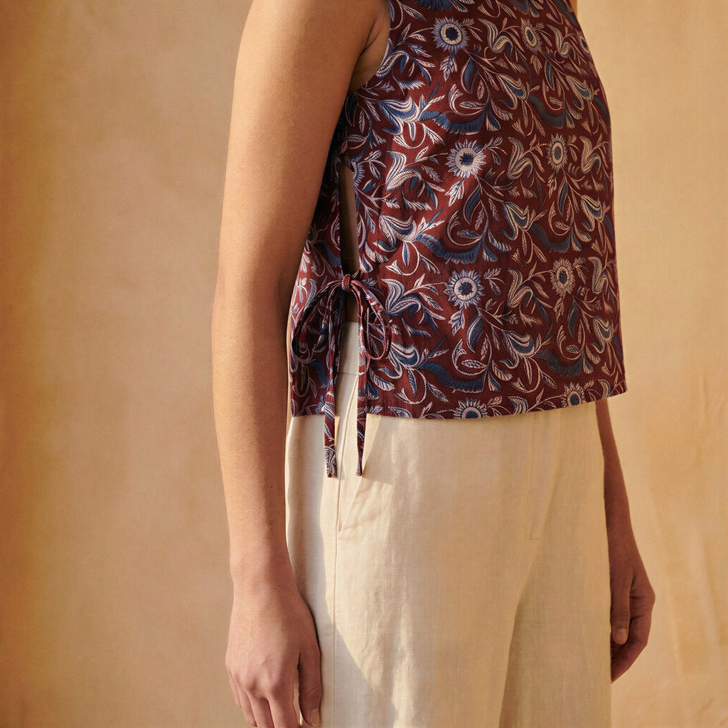 Red-Blue Floral Block Print Cotton Sleeveless Side-Tie Top