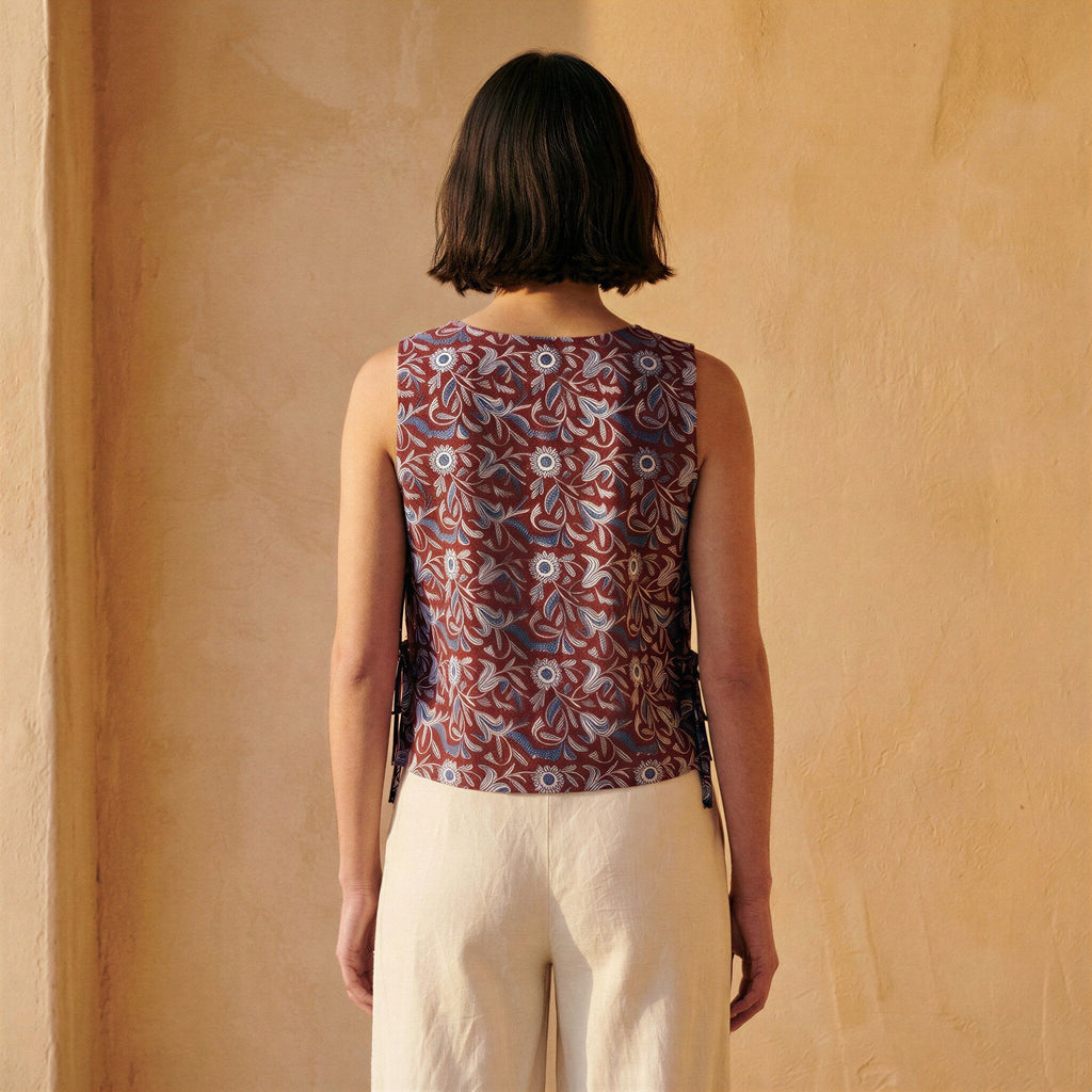 Red-Blue Floral Block Print Cotton Sleeveless Side-Tie Top