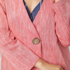 Front Detail of a Model wearing Red V-Neck Casual Cotton Flared Jacket