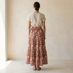 Red Circle Flowers Block Print Cotton Elasticated Maxi Tier Skirt
