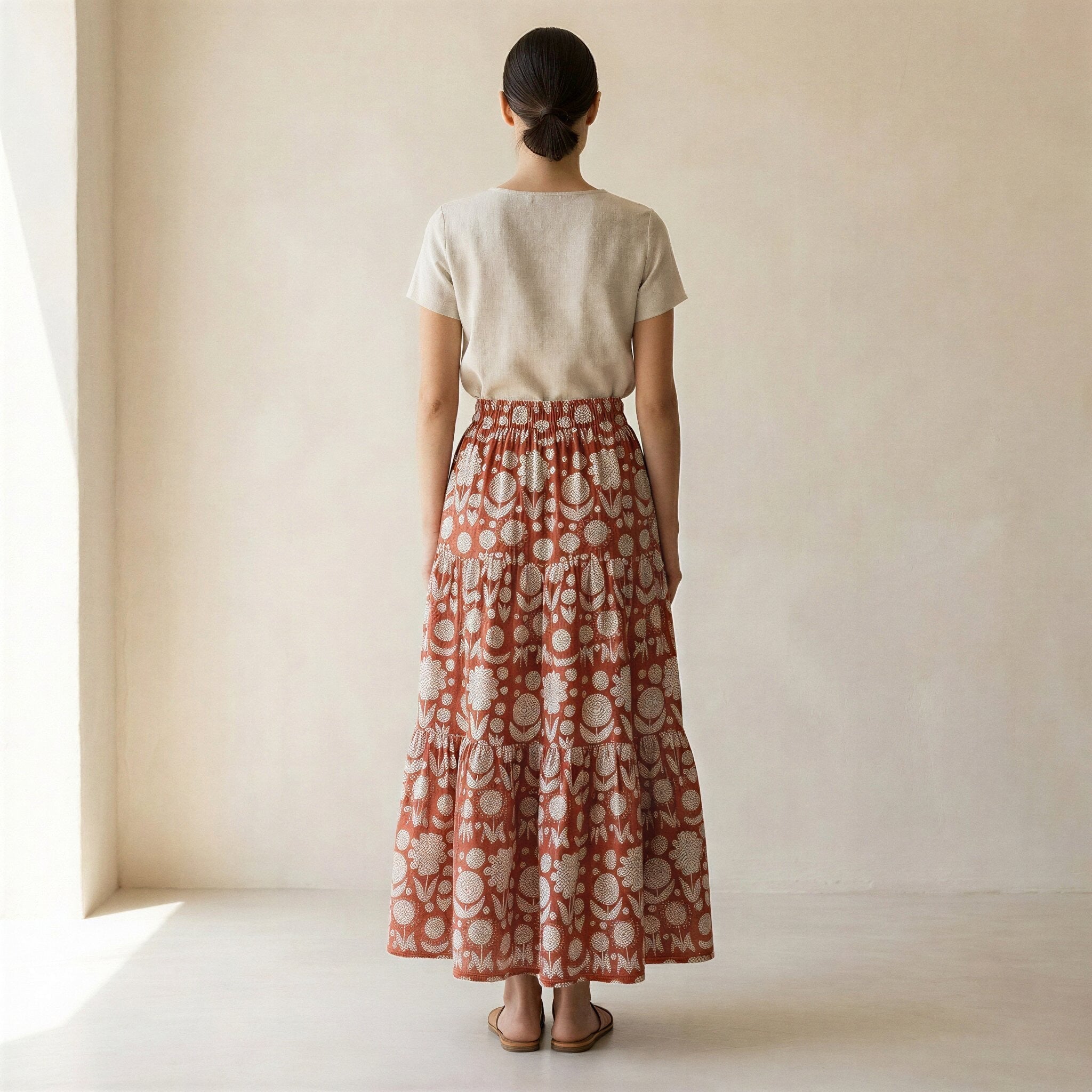 Red Circle Flowers Block Print Cotton Elasticated Maxi Tier Skirt