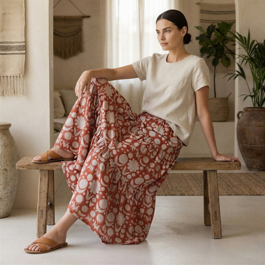 Red Circle Flowers Block Print Cotton Elasticated Maxi Tier Skirt