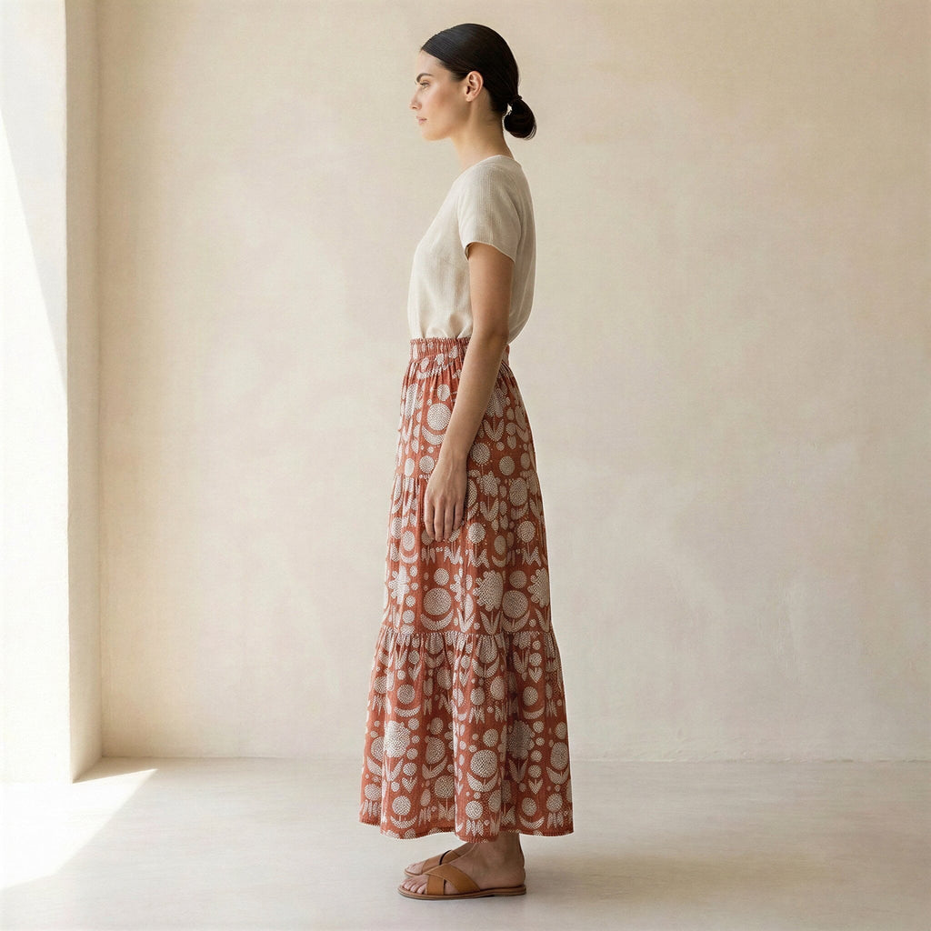 Red Circle Flowers Block Print Cotton Elasticated Maxi Tier Skirt