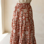 Red Circle Flowers Block Print Cotton Elasticated Maxi Tier Skirt