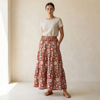 Red Circle Flowers Block Print Cotton Elasticated Maxi Tier Skirt