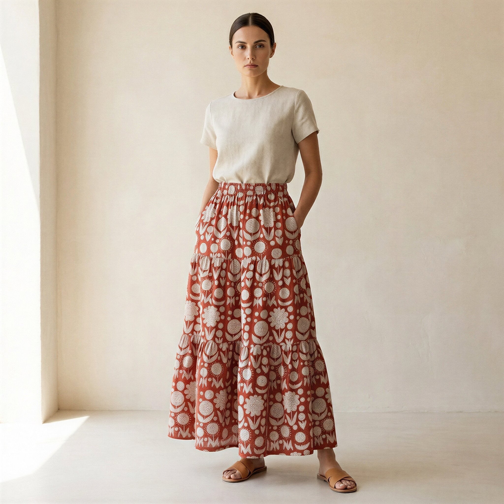 Red Circle Flowers Block Print Cotton Elasticated Maxi Tier Skirt