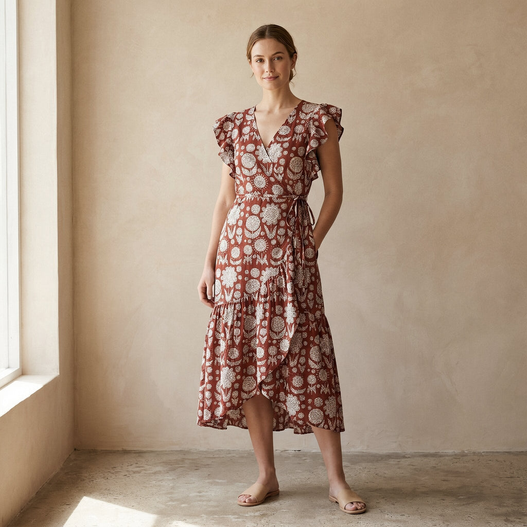 Red Circle Flowers Block Print Cotton Ruffle Midi Wrap Dress