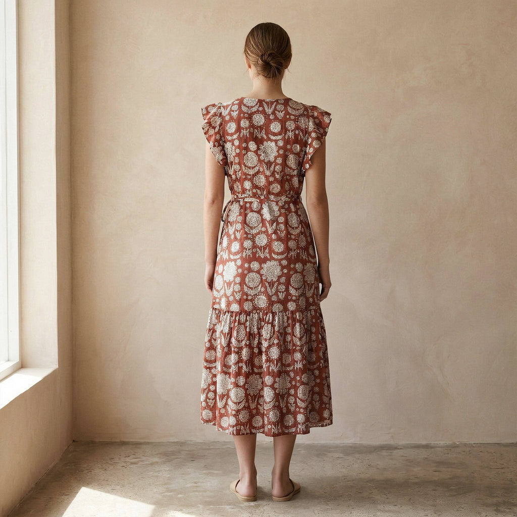 Red Circle Flowers Block Print Cotton Ruffle Midi Wrap Dress
