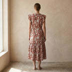 Red Circle Flowers Block Print Cotton Ruffle Midi Wrap Dress