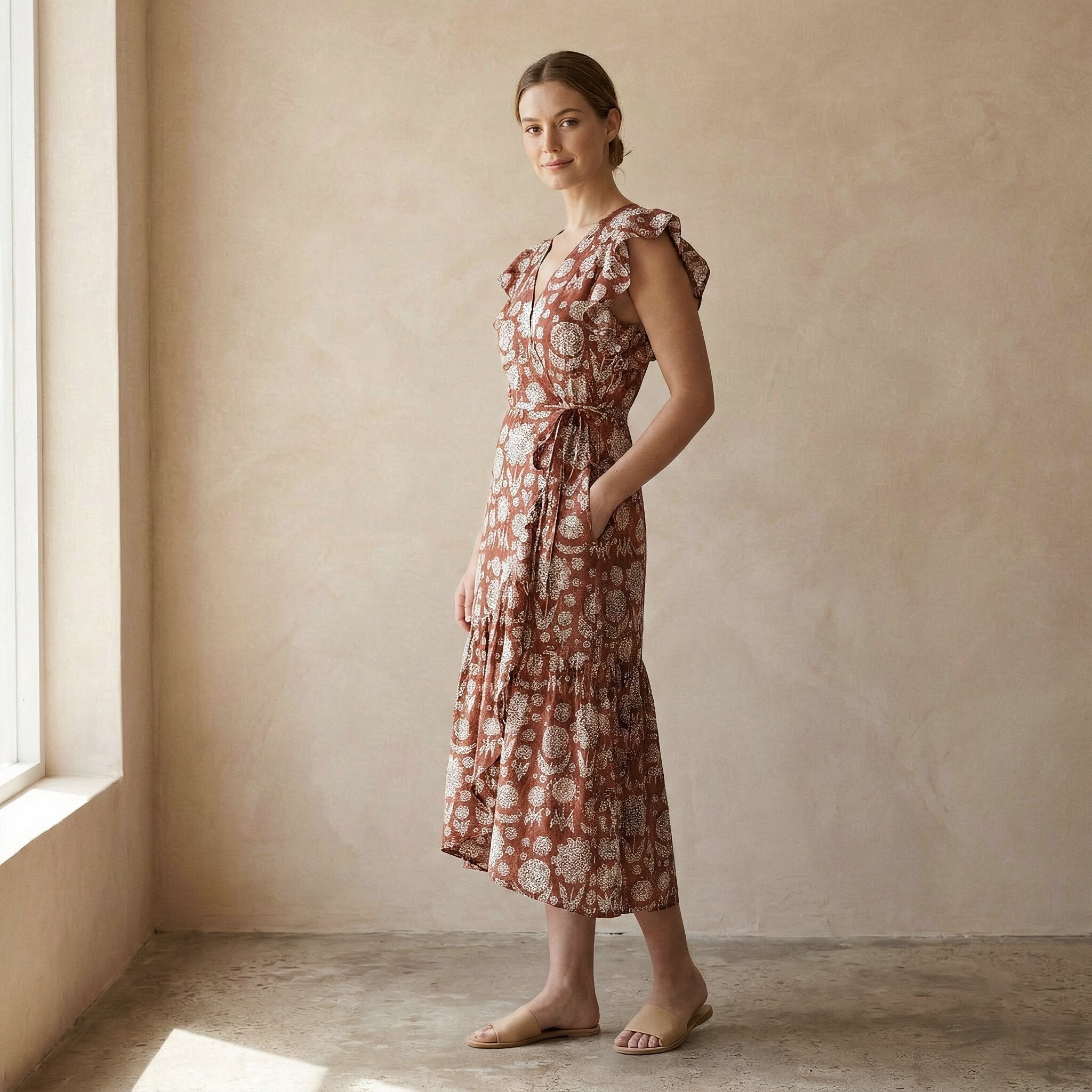 Red Circle Flowers Block Print Cotton Ruffle Midi Wrap Dress