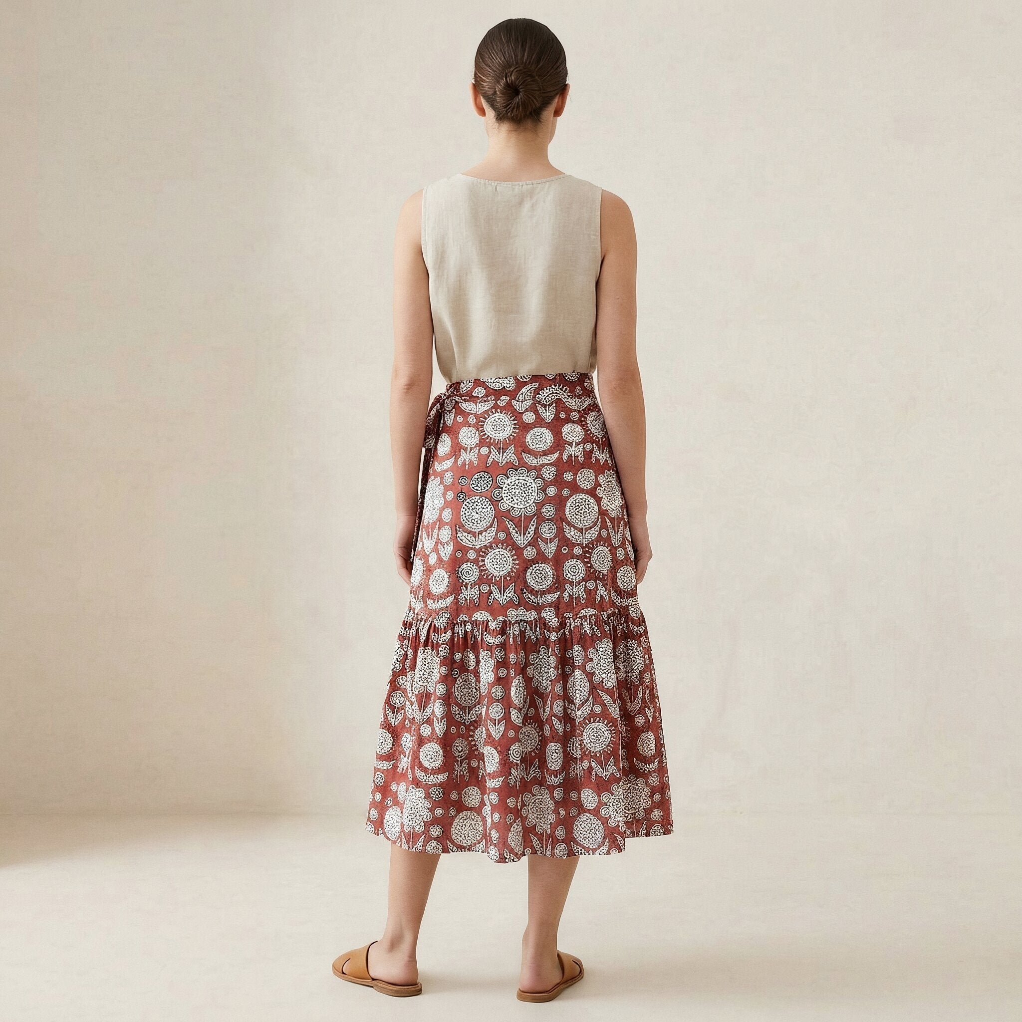 Red Circle Flowers Block Print Cotton Ruffle Midi Wrap Skirt