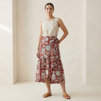 Red Circle Flowers Block Print Cotton Ruffle Midi Wrap Skirt