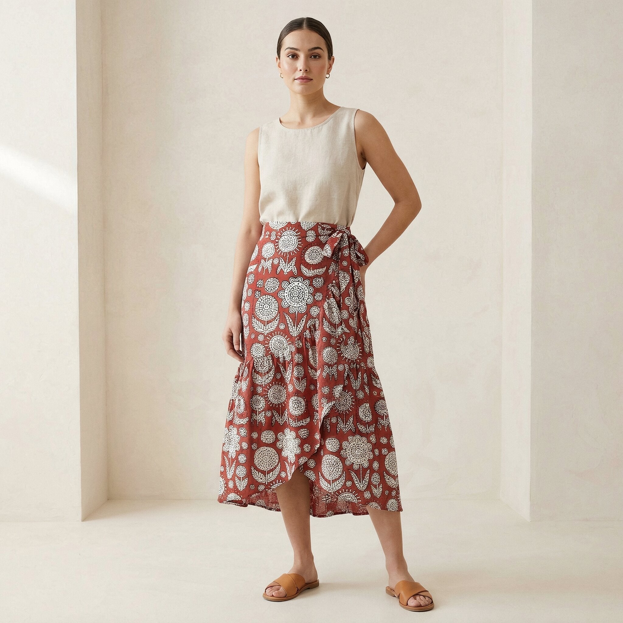 Red Circle Flowers Block Print Cotton Ruffle Midi Wrap Skirt