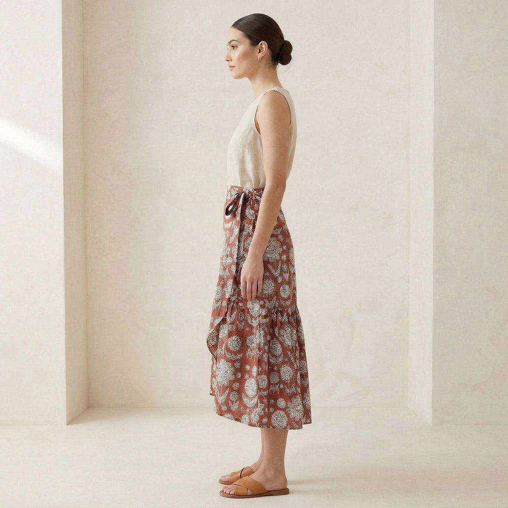 Red Circle Flowers Block Print Cotton Ruffle Midi Wrap Skirt