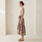 Red Circle Flowers Block Print Cotton Ruffle Midi Wrap Skirt