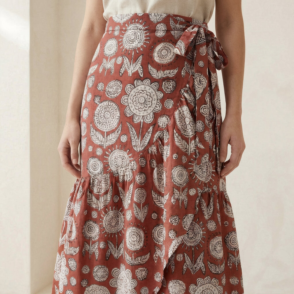 Red Circle Flowers Block Print Cotton Ruffle Midi Wrap Skirt