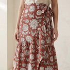 Red Circle Flowers Block Print Cotton Ruffle Midi Wrap Skirt
