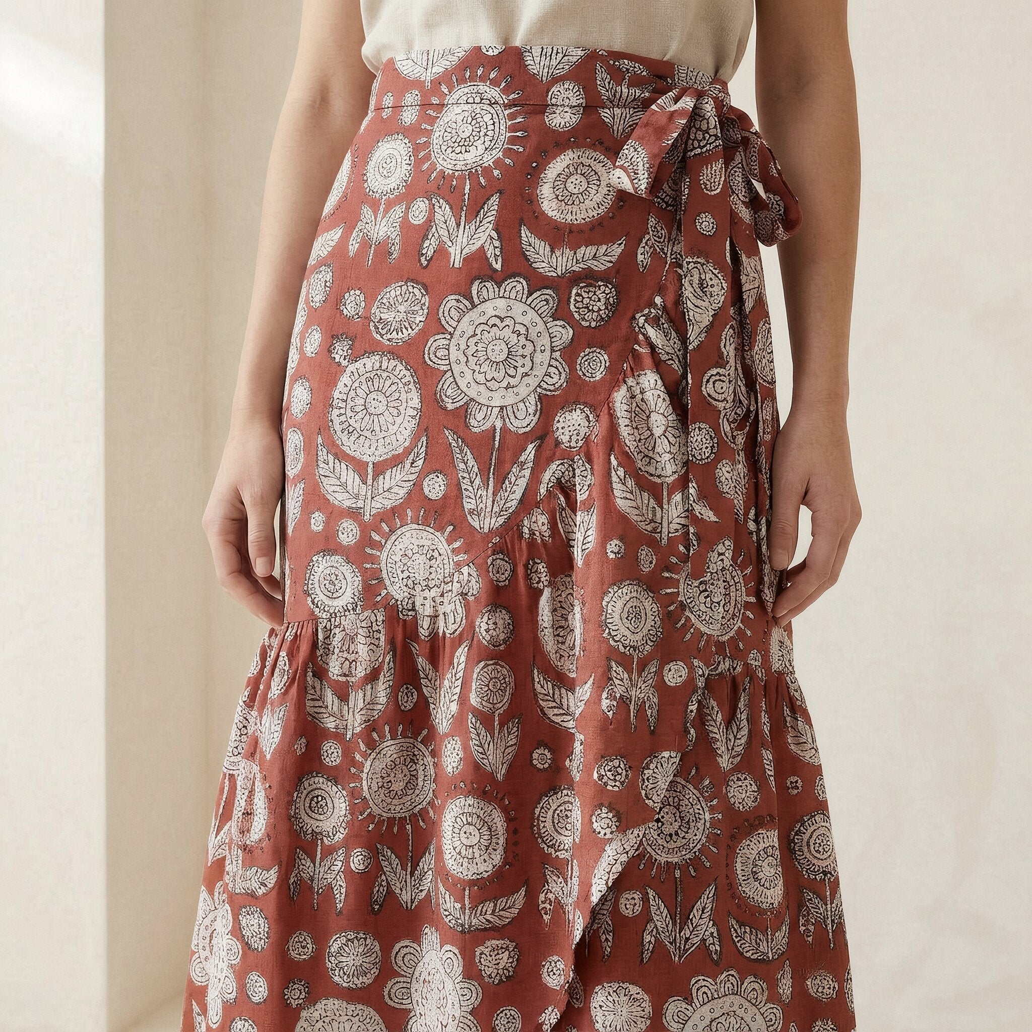 Red Circle Flowers Block Print Cotton Ruffle Midi Wrap Skirt