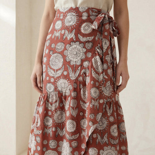 Red Circle Flowers Block Print Cotton Ruffle Midi Wrap Skirt