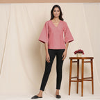 Front View of a Model wearing Red Comfy Straight Top