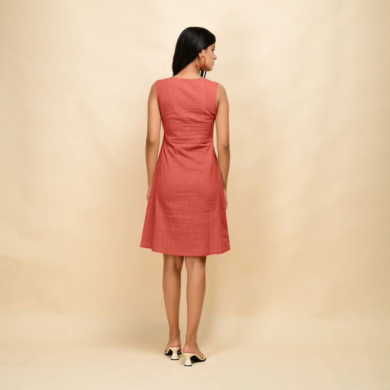 Back View of a Model wearing Red Cotton Slim Fit Short Dress