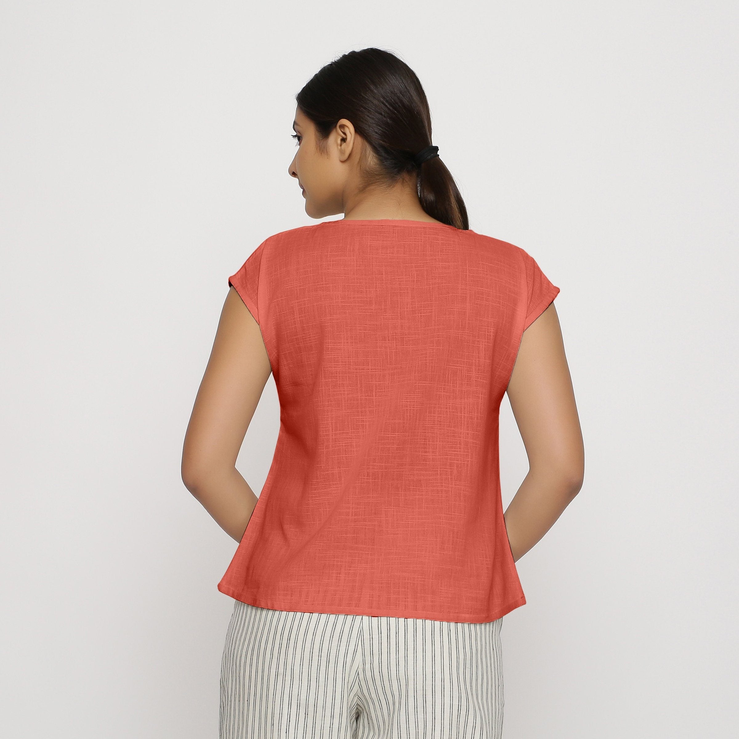 Back View of a Model wearing Red Cotton Slub Straight Top