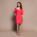 Front View of a Model wearing Red Cotton Velvet Sweetheart Neck Short Paneled Dress