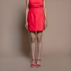 Front View of a Model wearing Red 100% Cotton Velvet High-Rise Short Skirt