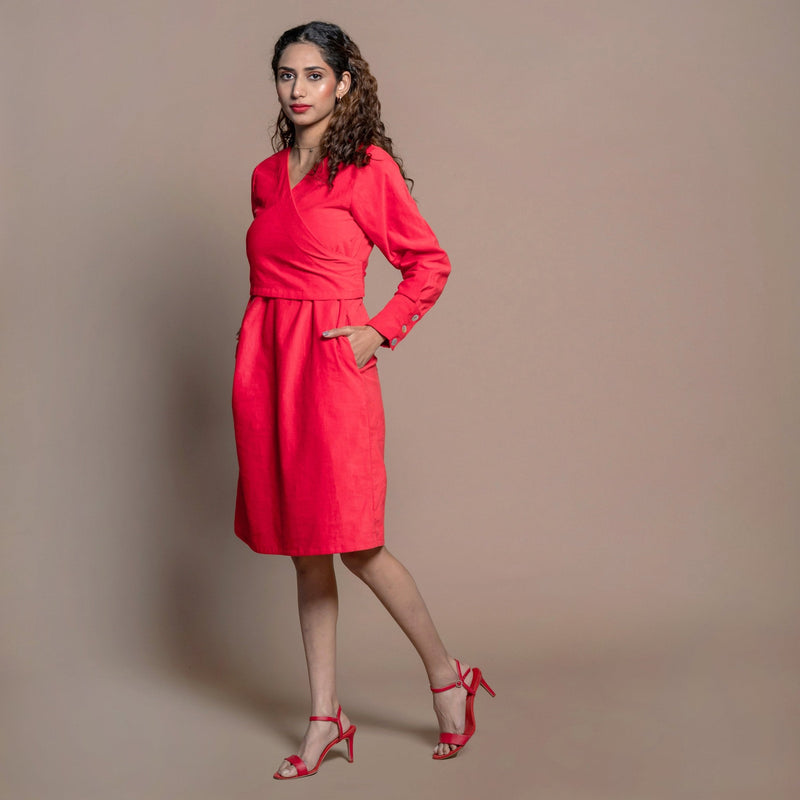 Left View of a Model wearing Red 100% Cotton Velvet Knee Length Wrap Dress