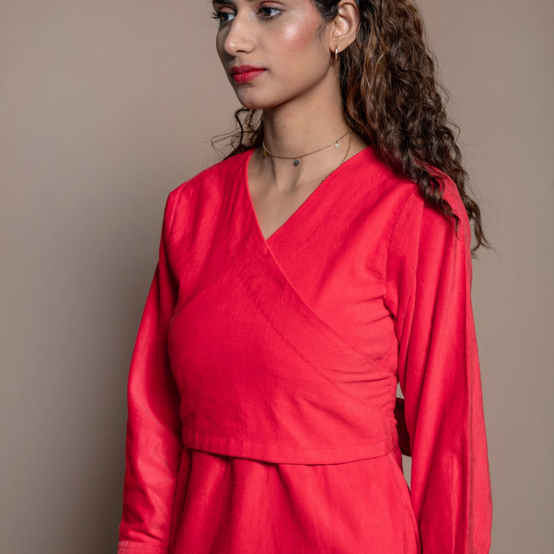 Front Detail of a Model wearing Red 100% Cotton Velvet Knee Length Wrap Dress