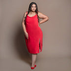 Front View of a Model wearing Red Cotton Velvet Cowl Neck Slip Dress