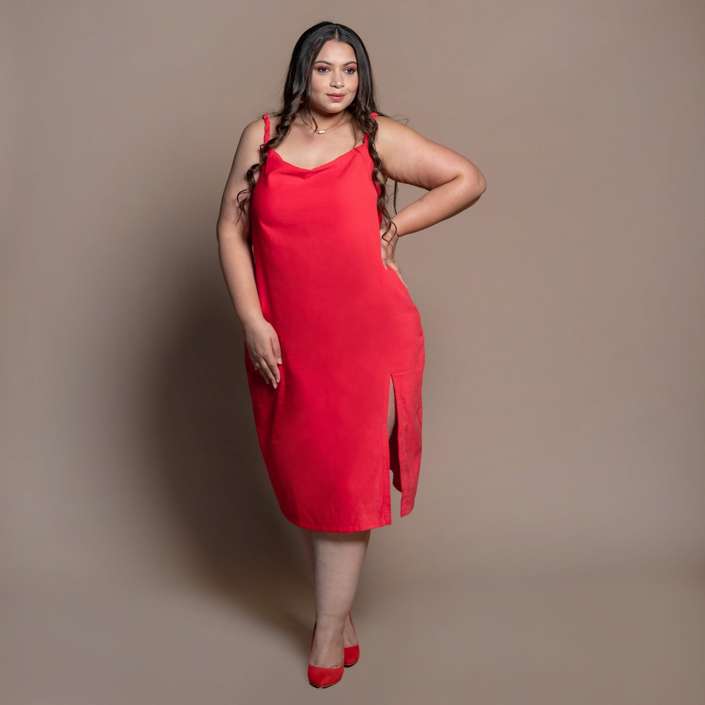 Front View of a Model wearing Red Cotton Velvet Cowl Neck Slip Dress