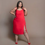 Front View of a Model wearing Red Cotton Velvet Cowl Neck Slip Dress