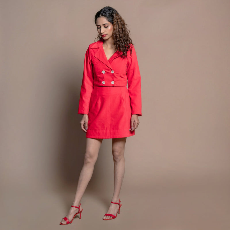 Front View of a Model wearing Red Warm Cotton Velvet Double-Breasted Jacket