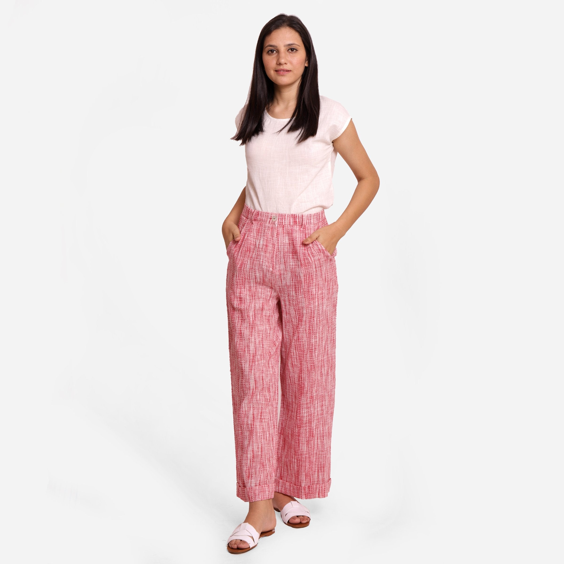 Front View of a Model wearing Red Crinkled 100% Cotton High-Rise Baggy Pant