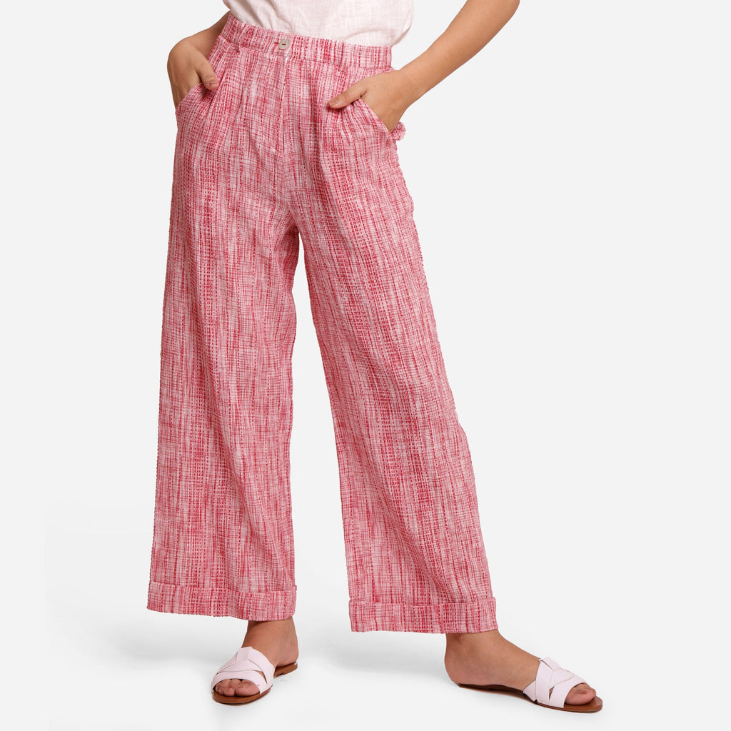 Front View of a Model wearing Red Crinkled 100% Cotton High-Rise Baggy Pant