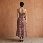 Red Floral Block Print Cotton Ankle Length Flared Sundress