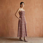 Red Floral Block Print Cotton Ankle Length Flared Sundress