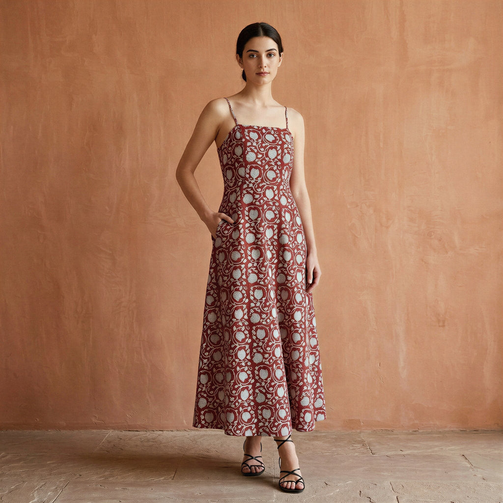 Red Floral Block Print Cotton Ankle Length Flared Sundress