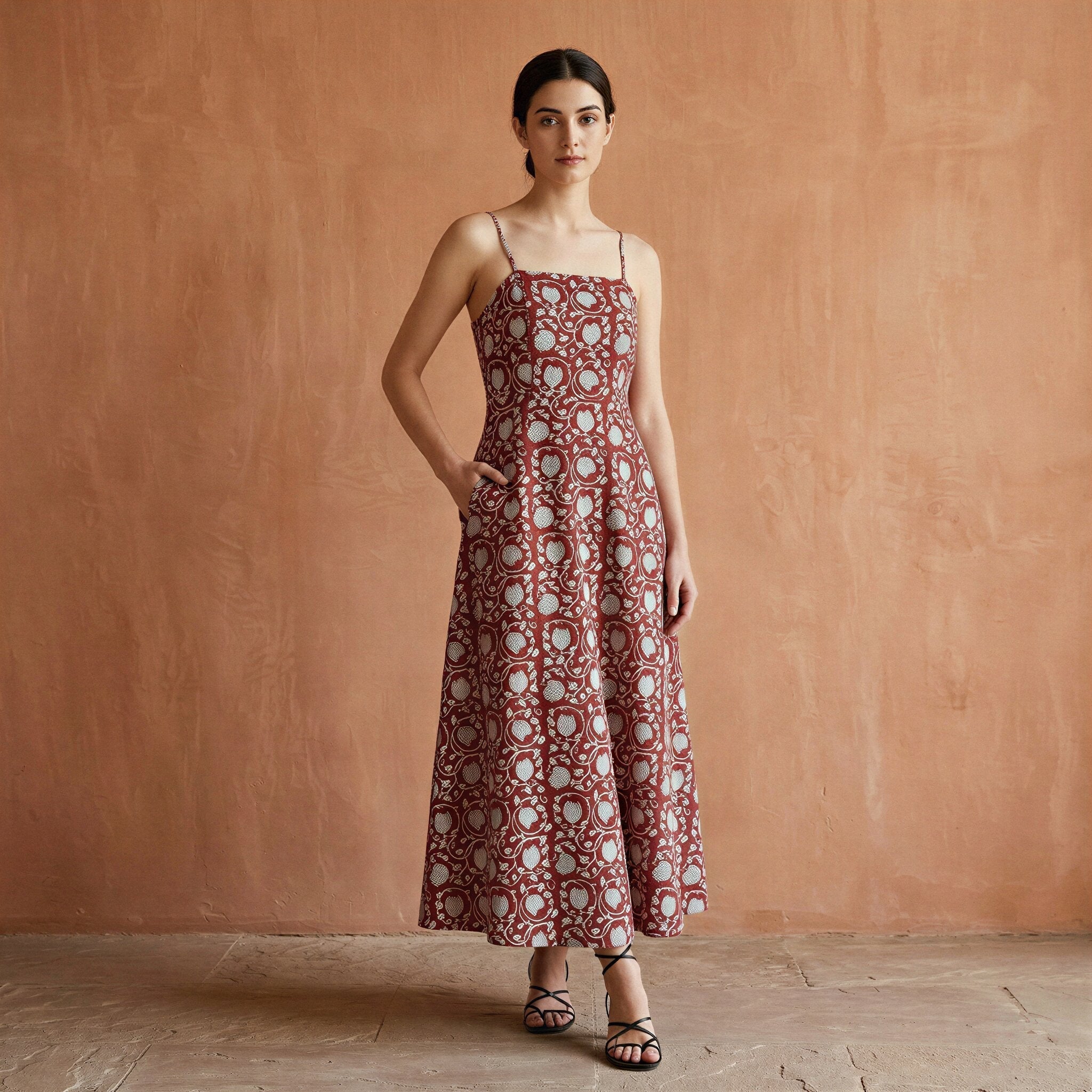 Red Floral Block Print Cotton Ankle Length Flared Sundress
