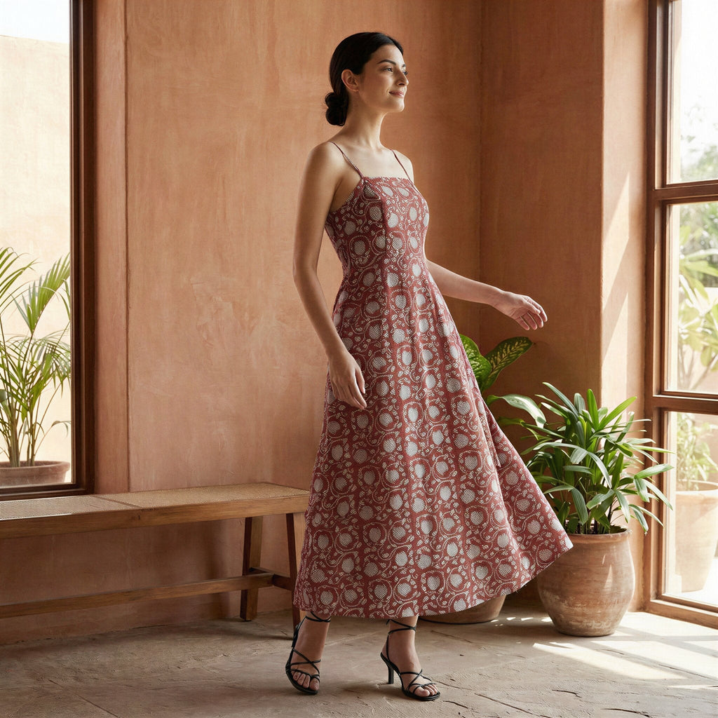 Red Floral Block Print Cotton Ankle Length Flared Sundress