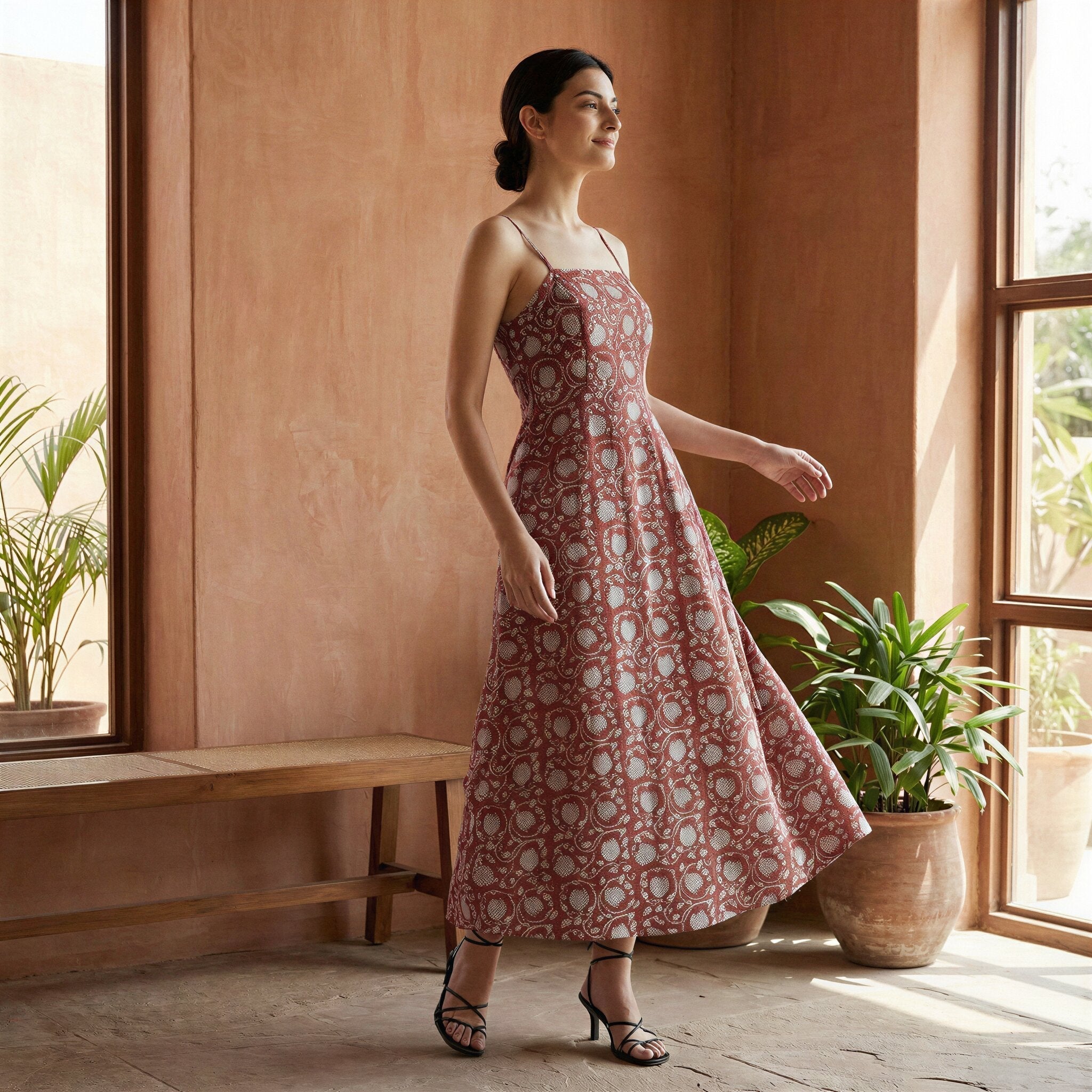 Red Floral Block Print Cotton Ankle Length Flared Sundress