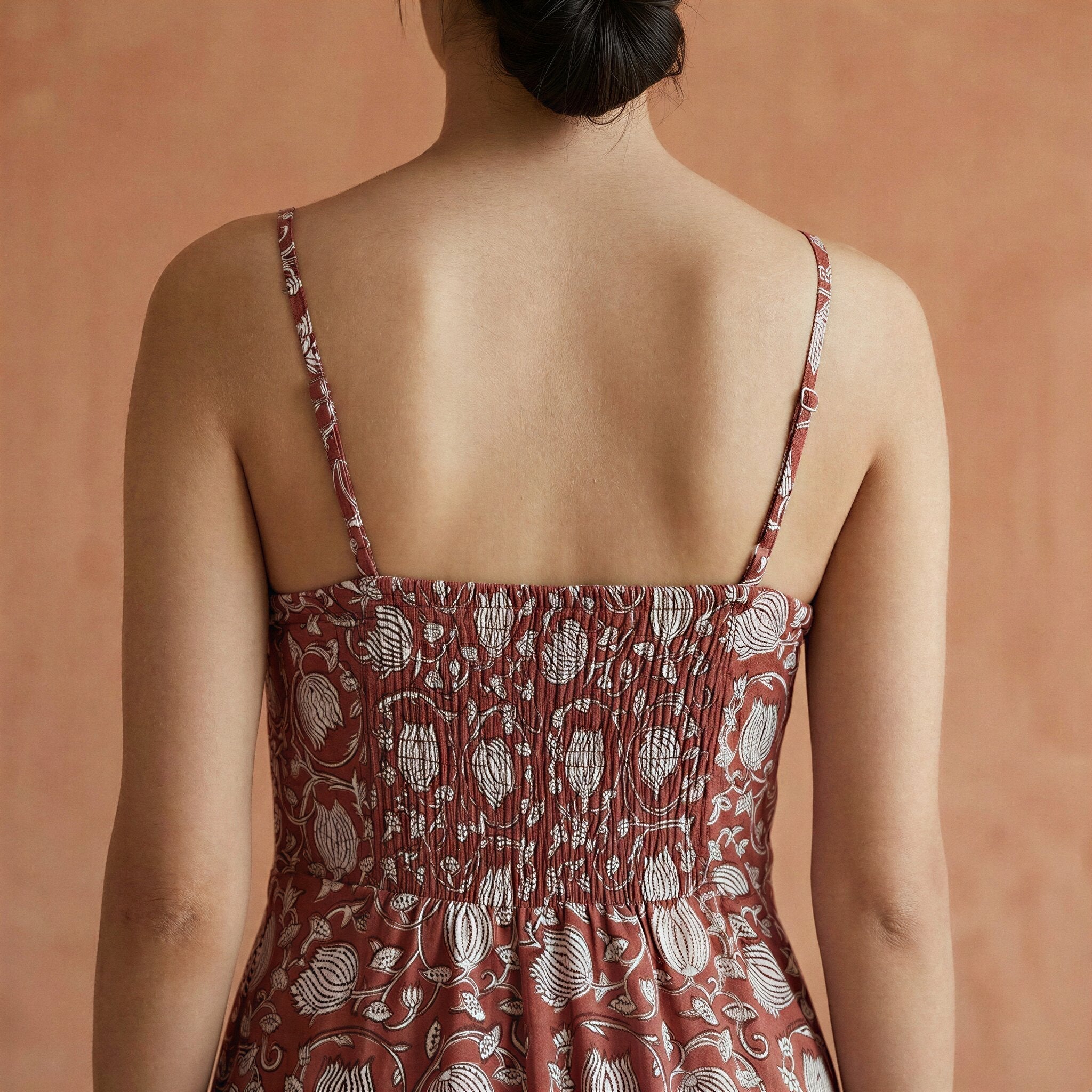 Red Floral Block Print Cotton Ankle Length Flared Sundress