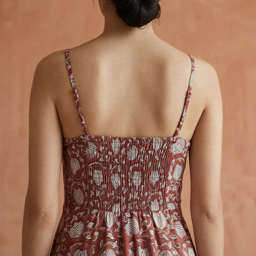Red Floral Block Print Cotton Ankle Length Flared Sundress