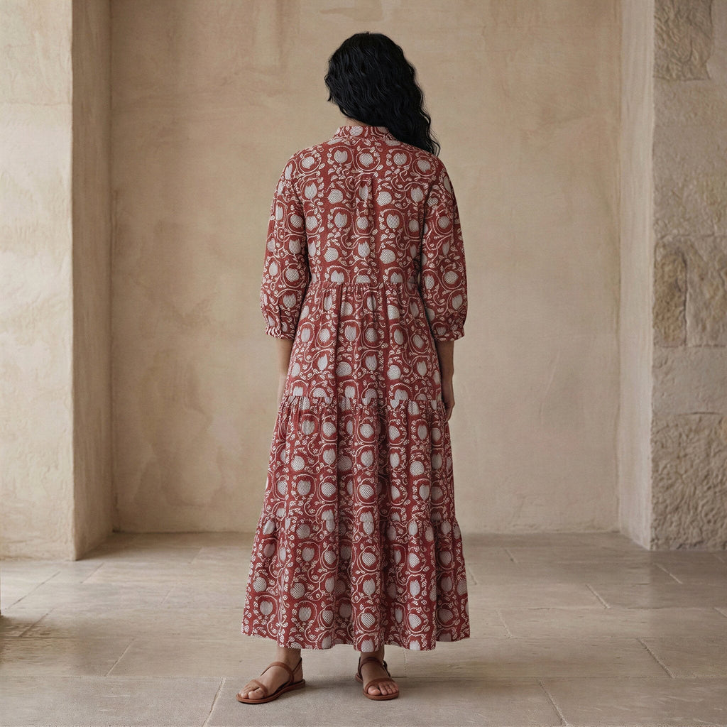 Red Floral Block Print Cotton Deep-V Maxi Tier Dress