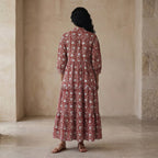 Red Floral Block Print Cotton Deep-V Maxi Tier Dress