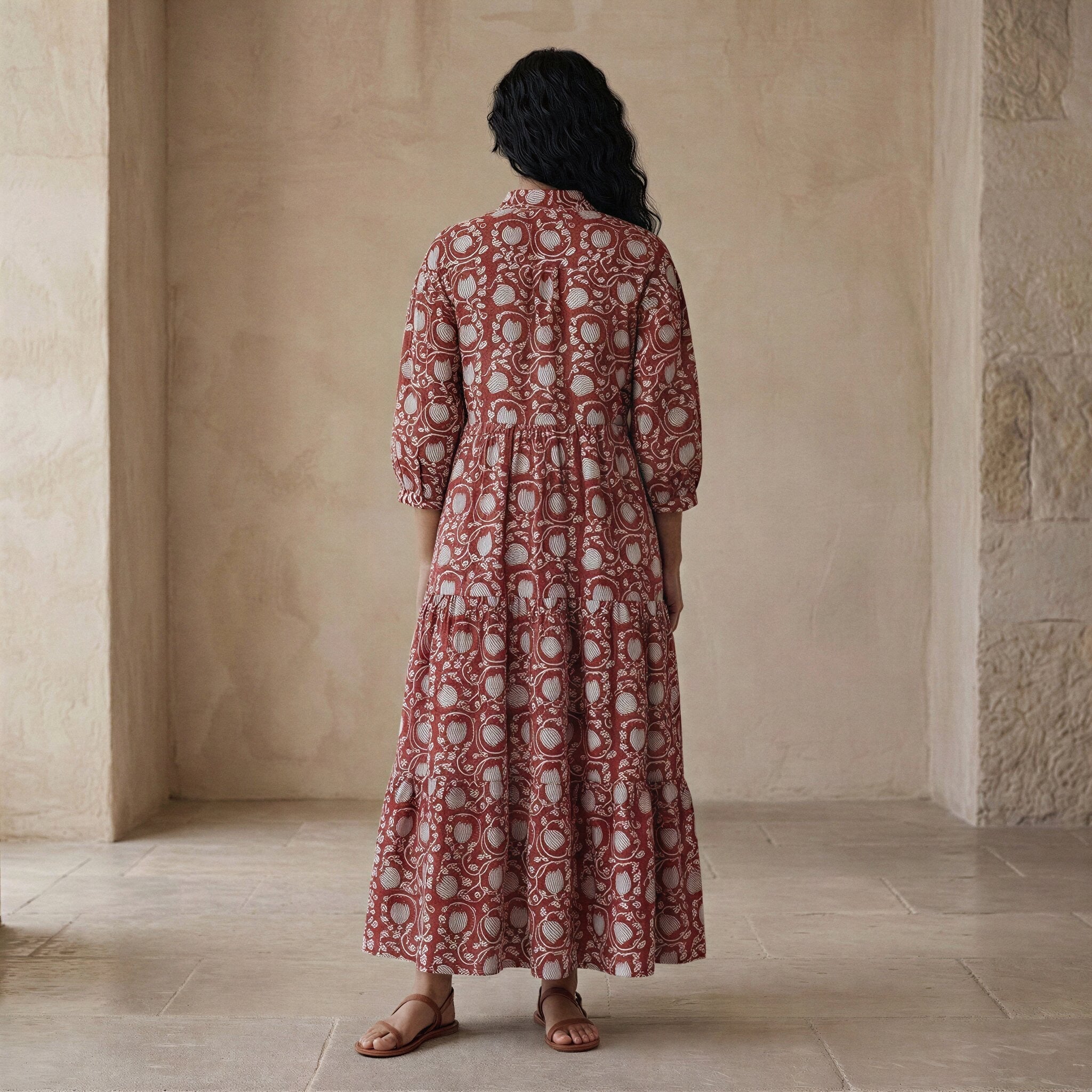 Red Floral Block Print Cotton Deep-V Maxi Tier Dress