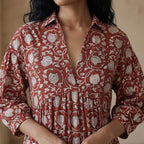 Red Floral Block Print Cotton Deep-V Maxi Tier Dress